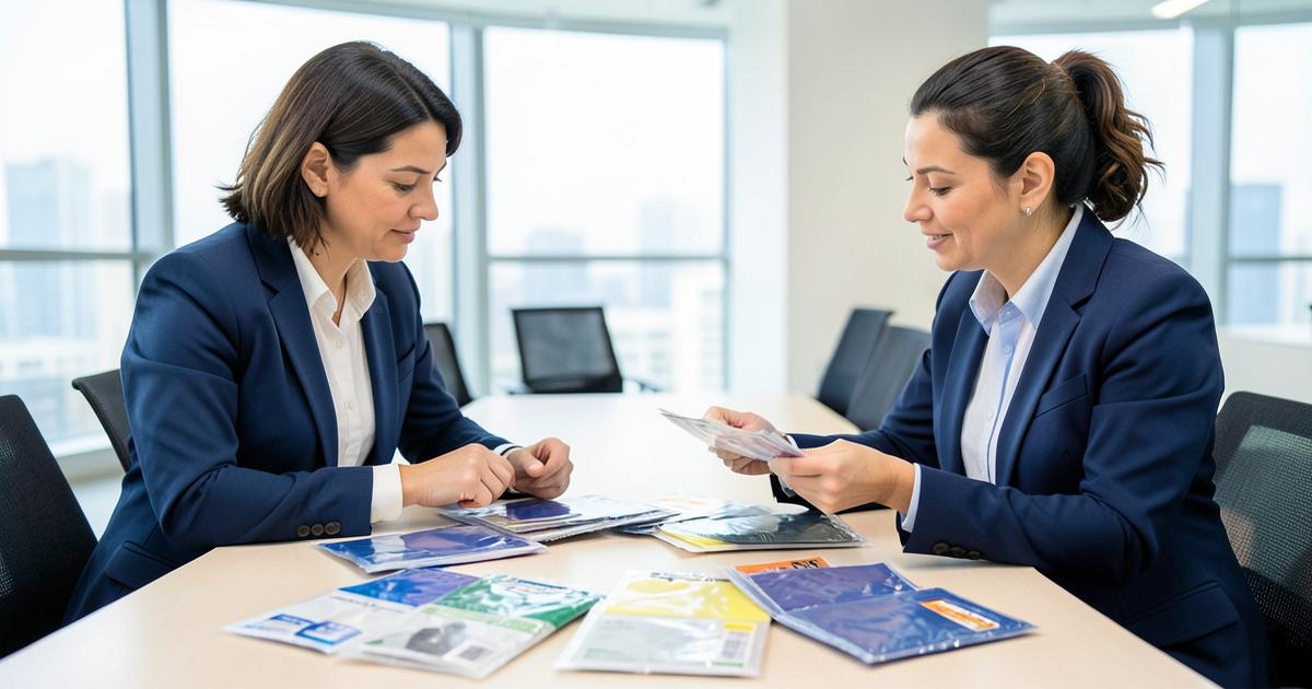 Two packaging buyers comparing flexible film and pouch samples in a meeting room