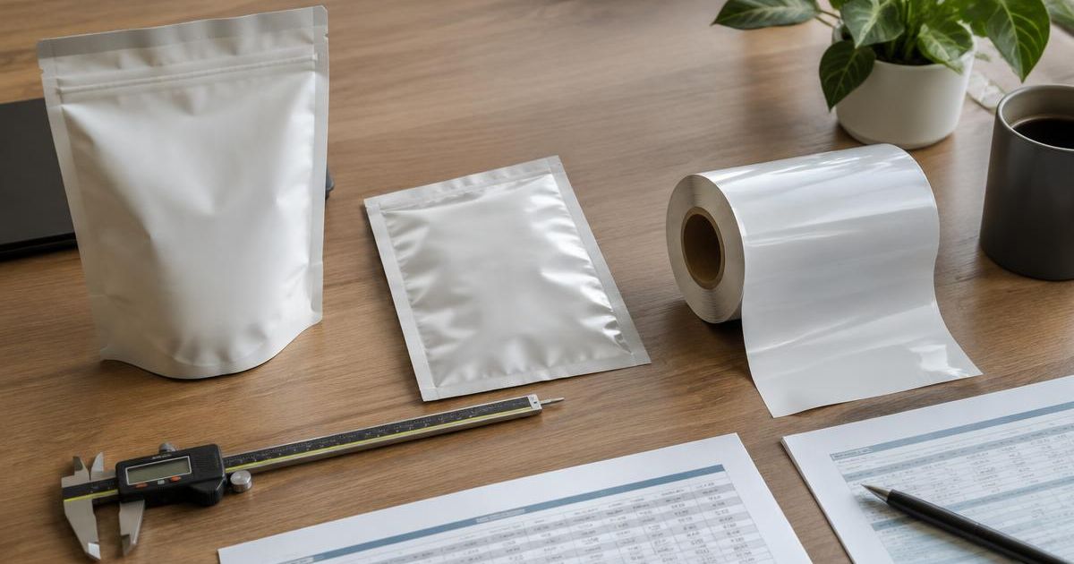 Blank stand-up pouch, lay-flat pouch, and film roll on a desk with a digital caliper and printed comparison sheets.