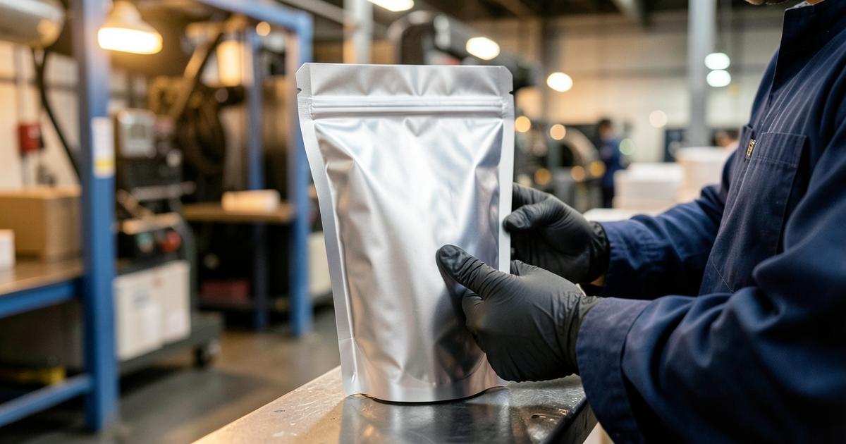 Operator inspecting a custom stand-up pouch on the floor of an Illinois packaging plant