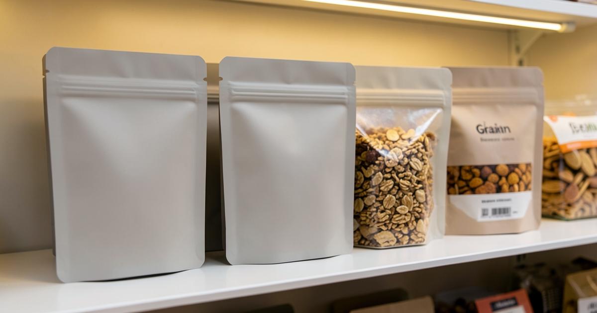 Custom food pouches merchandised on a retail shelf