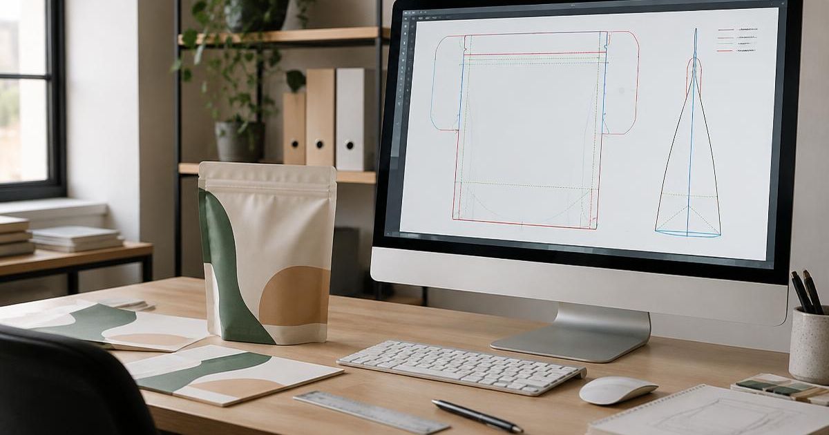 Packaging design workstation with a stand-up pouch dieline on screen beside a printed pouch mockup and ruler.