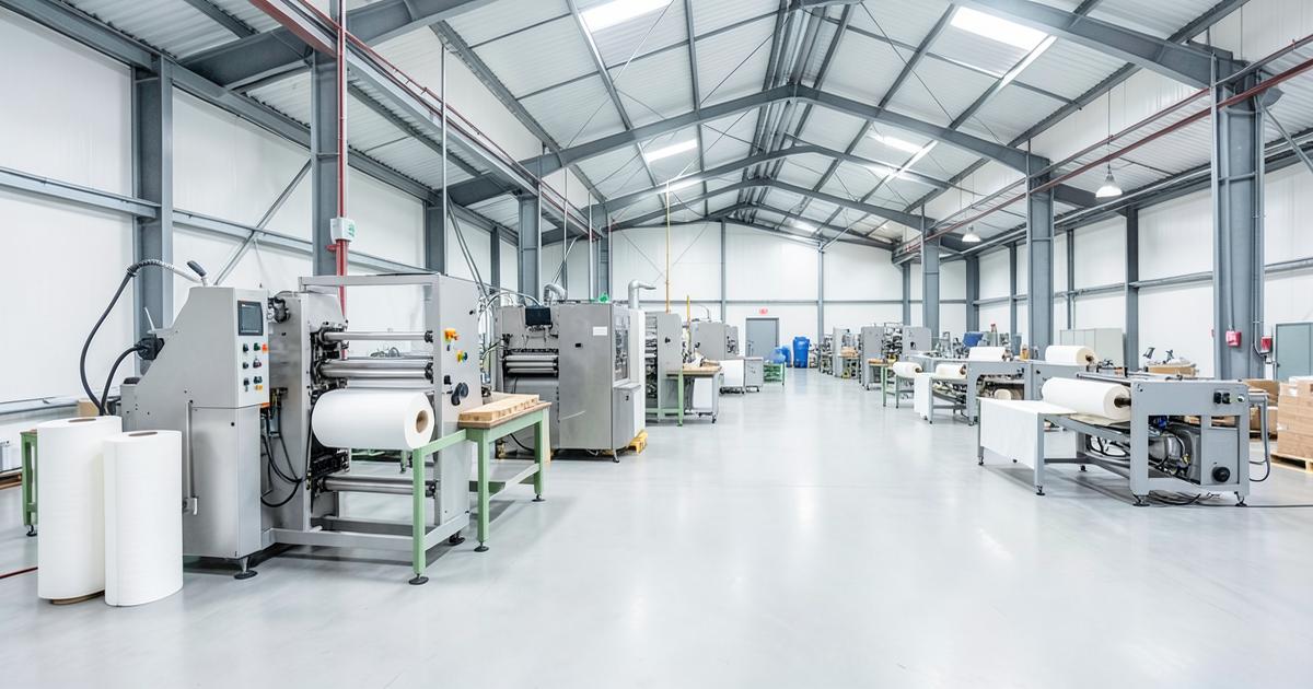 Interior of a modern flexible packaging manufacturing plant with converting machinery