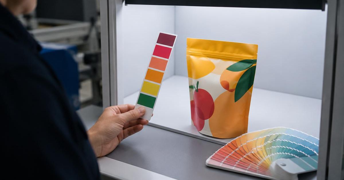 Hand holding a color swatch strip beside a printed fruit-pattern stand-up pouch in a viewing booth, with a color fan deck nearby.