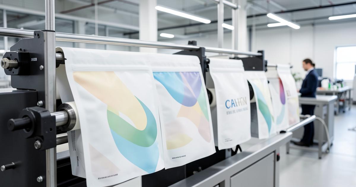 Printed flexible pouches moving through inspection at a pouch converting line