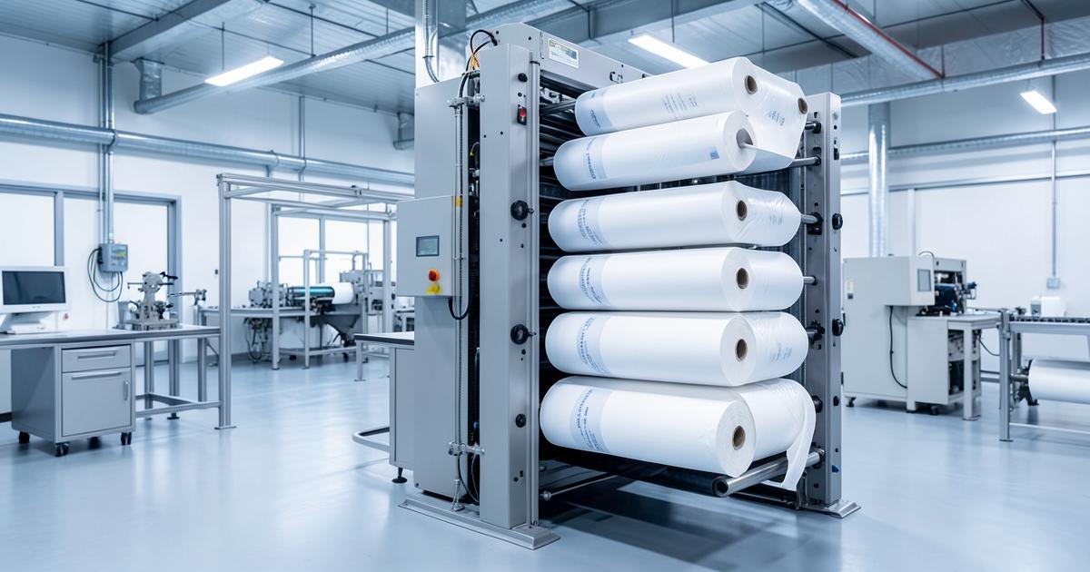 Rolls of flexible packaging rollstock film loaded on a form fill seal machine