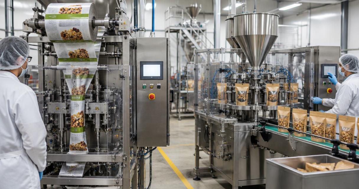Rollstock runs through a form-fill-seal machine beside a pre-made pouch filling line.