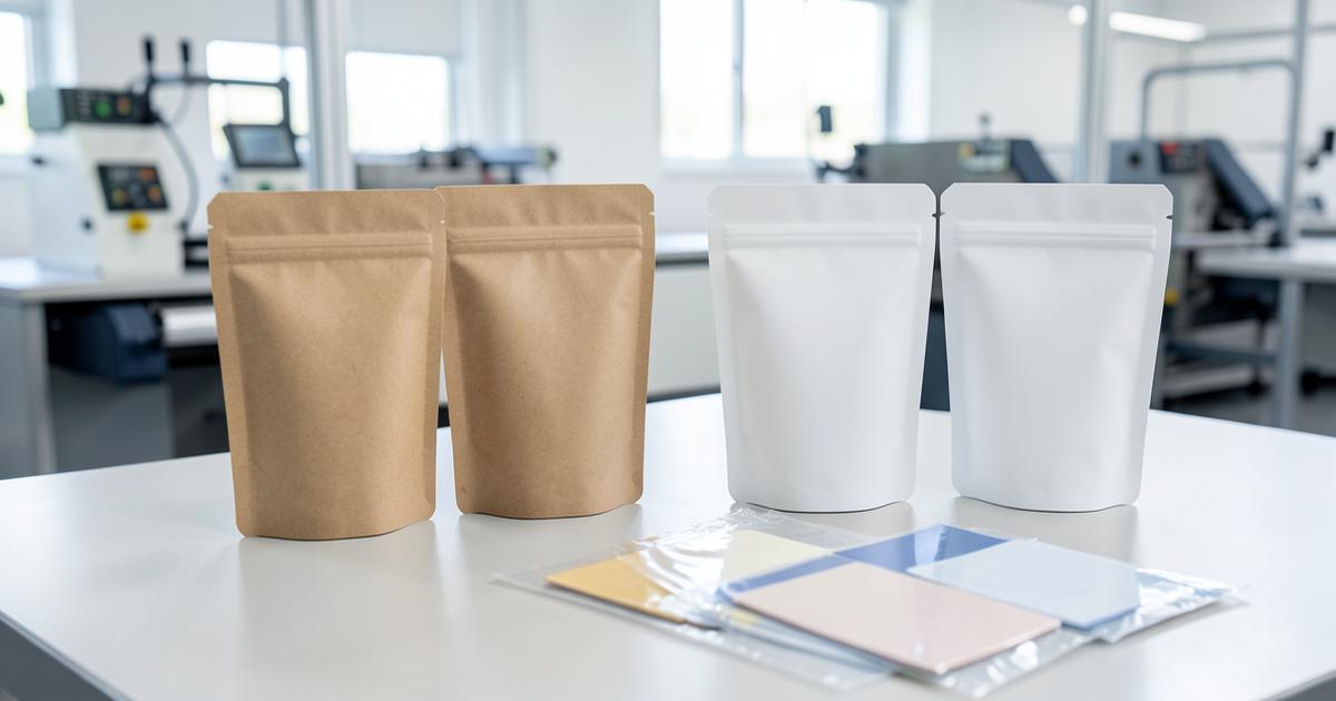 Short run batch of kraft and white stand-up pouches with film swatches on a workbench