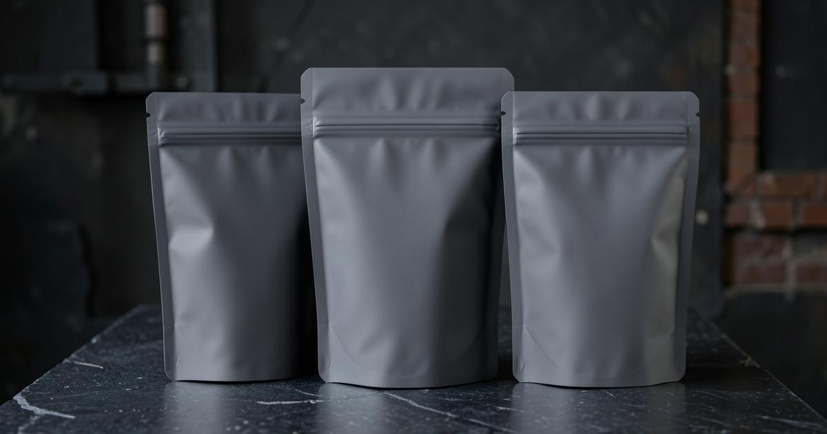 Premium matte stand-up pouches with resealable zippers on a dark stone surface
